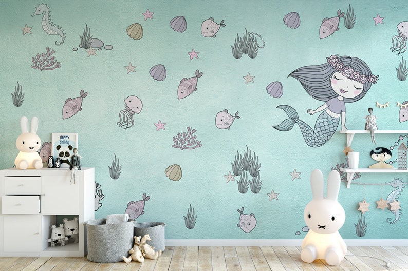 Kids Wallpaper Mermaid Ariel Wall Mural Underwater Wall Print Seashell Seaweed Starfish Wall Art Girls Bedroom Baby Rooms