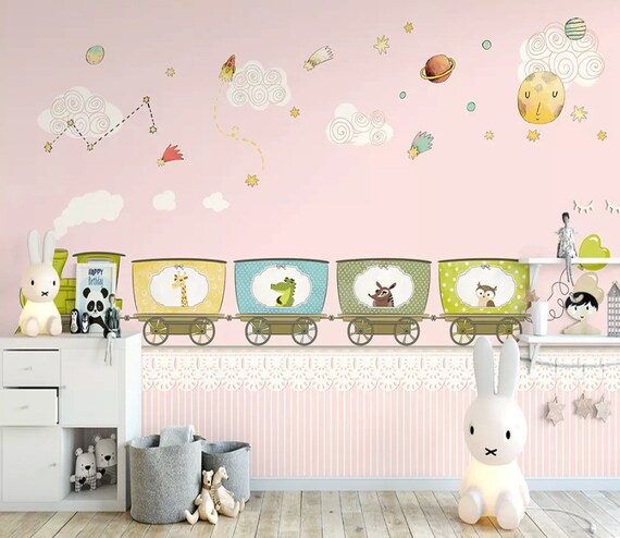 Kids Wallpaper Animal Train Wall Mural Cartoon Planet Drawing Wall Art Nursery Wall Decor Living Room Bedroom