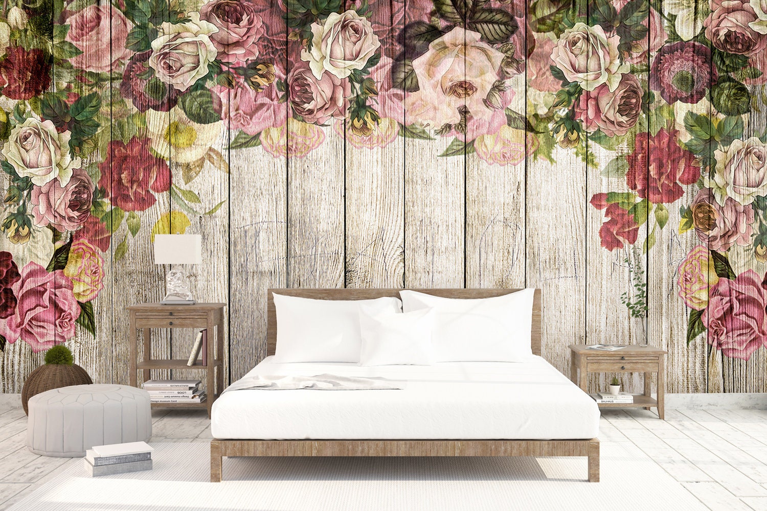Floral Wallpaper Vintage Flower Wall Mural Wood Wall Print Etsy