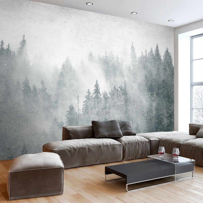 Forest Wallpaper Misty Forest Wall Mural Monochrome Jungle Wall Print Nature Home Decor Cafe Design