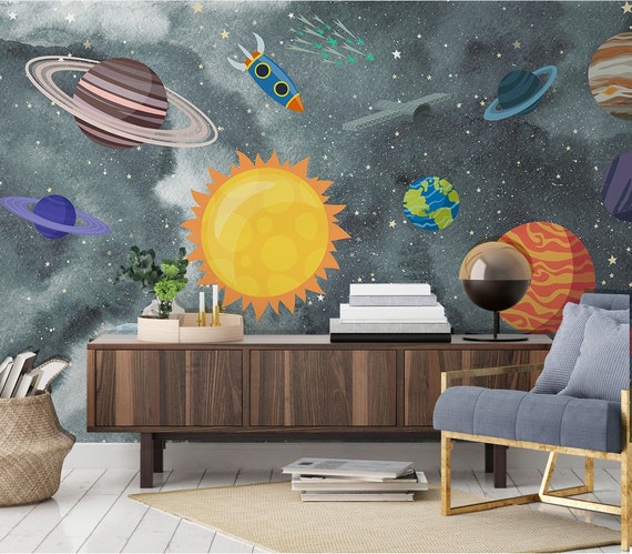 Kids Wallpaper For Boys Space Wall Murals Watercolor Planet Wall Mural Nursery Solar System Wall Print Childroom