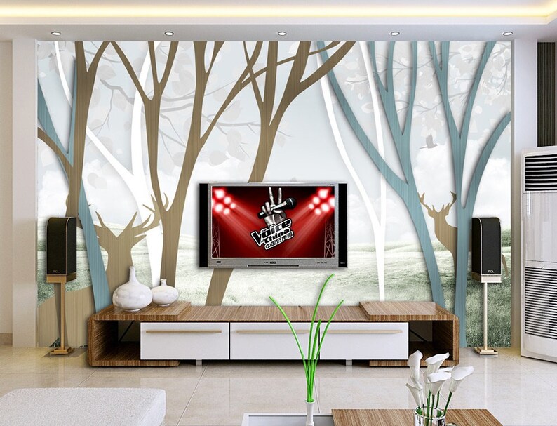 Forest Wallpaper Brown Blue Jungle Wall Mural Horned Deer Wall Print Abstract Landscape Wall Art Rustic Home Decor