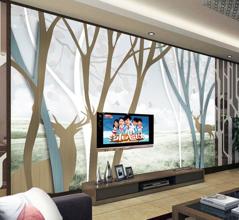 Forest Wallpaper Brown Blue Jungle Wall Mural Horned Deer Wall Print Abstract Landscape Wall Art Rustic Home Decor