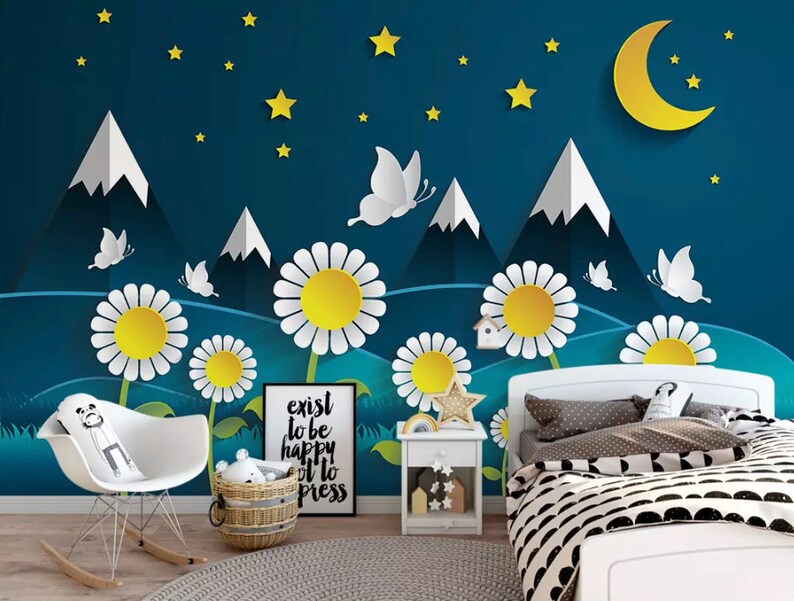 Kids Wallpaper Cartoon Nightscape Wall Mural For Child Daisy Wall Art Children Rooms Girls Boys Bedroom Nursery
