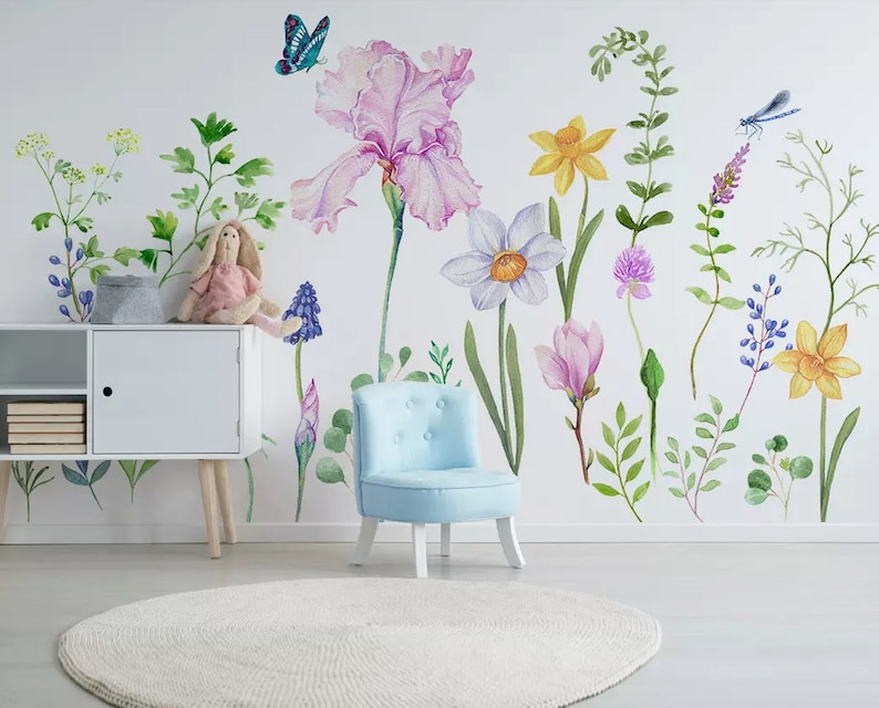 Floral Wallpaper Cartoon Flower Wall Mural Colorful Garden Wall Art Kitchen Wall Decor Living Room Bedroom Entryway
