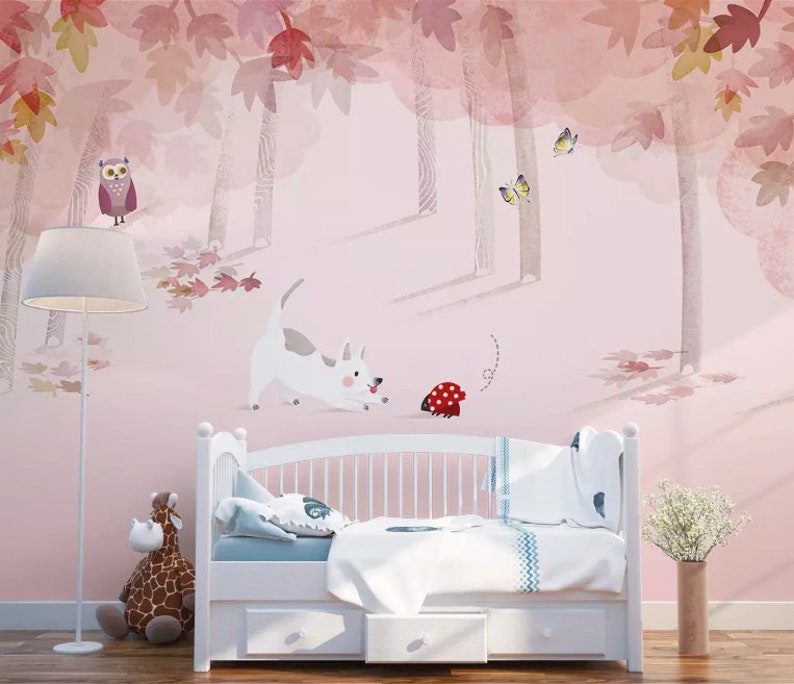 Kids Wallpaper Pink Forest Wall Mural Cartoon Cat Owl Wall Art Childroom Boys Girls Bedroom Baby Room Play Room Nursery Rooms