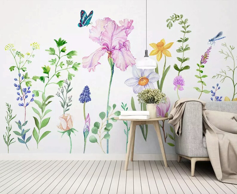 Floral Wallpaper Cartoon Flower Wall Mural Colorful Garden Wall Art Kitchen Wall Decor Living Room Bedroom Entryway