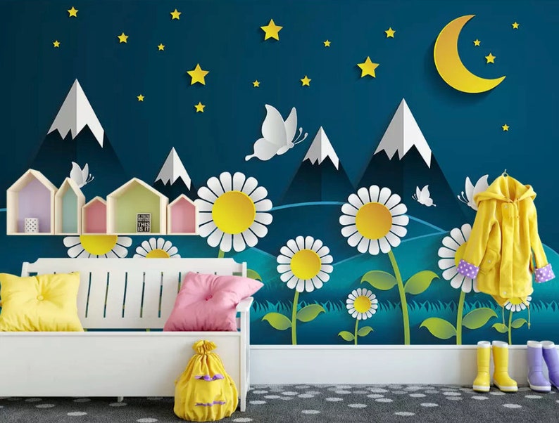 Kids Wallpaper Cartoon Nightscape Wall Mural For Child Daisy Wall Art Children Rooms Girls Boys Bedroom Nursery