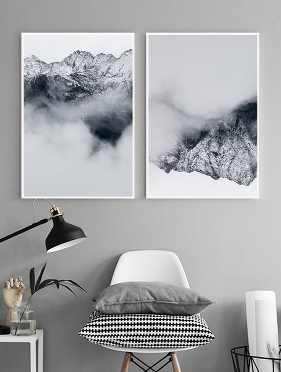 2 Piece Foggy Mountain Landscape Large Canvas Wall | Etsy