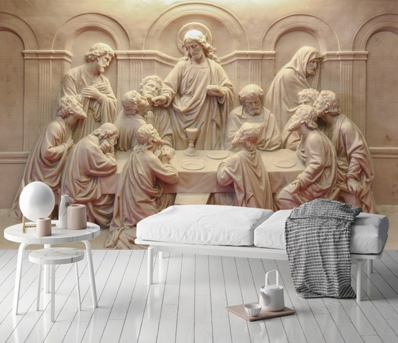 3d Embossed Cement Wallpaper Religious Sculpture Wall Mural Last Supper Wall Print Medieval Home Decor Entryway