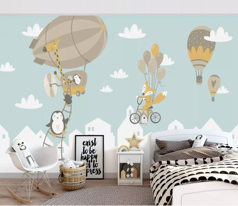 Kids Wallpaper Big Air Balloon Wall Mural Kids Landscape Wallpaper Animals Wall Decor Nursery Wall Art Baby Room Wall Painting