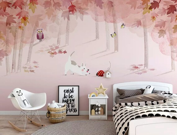 Kids Wallpaper Pink Forest Wall Mural Cartoon Cat Owl Wall Art Childroom Boys Girls Bedroom Baby Room Play Room Nursery Rooms