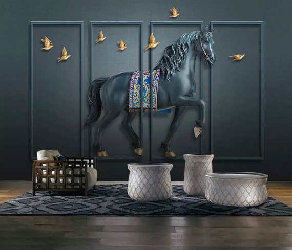 3d Embossed Look Dark Horse Wallpaper Sculpture Wall Mural Modern Home Decor Cafe Design Living Room Bedroom Entryway