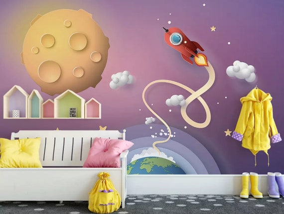 Nursery Wallpaper Cartoon Space Wall Mural For Child Planets Wall Decor Childroom Play Room Baby Room Girls Boys Bedroom