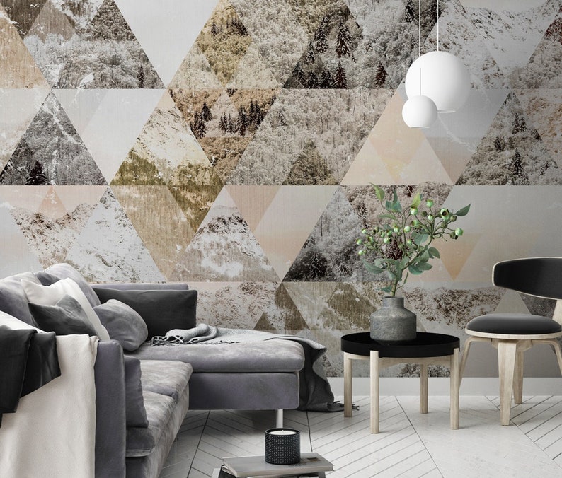 Geometric Wallpaper Forest Pattern Wall Mural Retro Trigon Wall Print Modern Home Decor Cafe Design Entryway