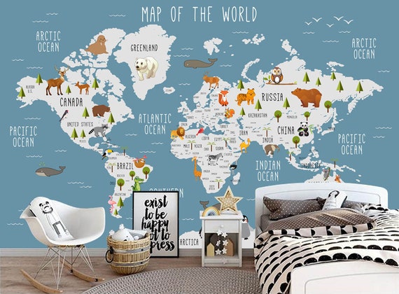 Kids Tapete Blue World Map Wall Mural Cartoon Animal Wall Print Nursery Wall Decor Childroom Play Room Bedroom Bedroom Bedroom Bedroom Bedroom