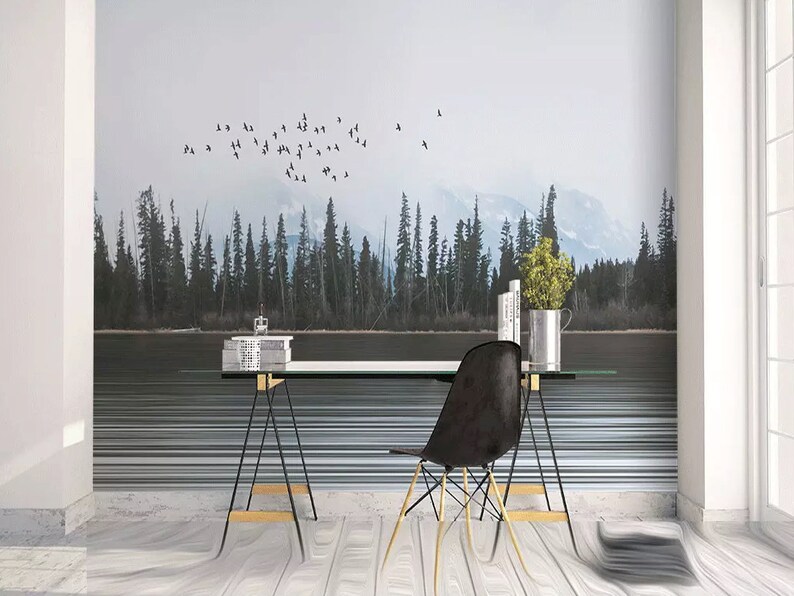 Lake Wallpaper Forest Wall Mural Landscape Wall Art Natural Home Decor Living Room Bedroom Entryway Cafe Design