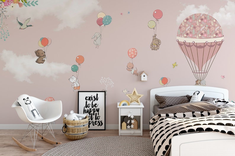 Kids Wallpaper Hot Air Balloon Wall Mural Cartoon Animals Wall Print Cartoon Cats Wall Art Girls Bedroom Play Room Home Living Wall Decor Delage Com Br