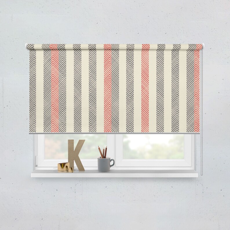 Zigzag Striped Printed Roller Blind Gray Red Blackout Custom Printed Blinds For Living Room Bedroom Modern Office Decor