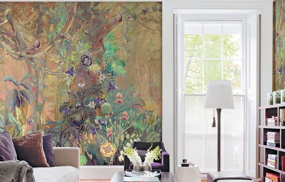Jungle Wallpaper Nostalgic Rainforest Wall Mural Watercolor Floral Wall Print Tropical Home Decor Cafe Design