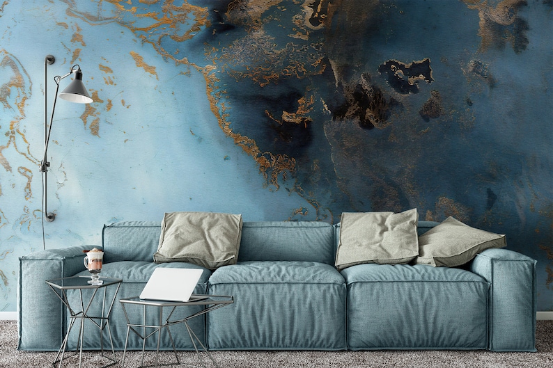 Wave Wallpaper Turquoise Gold Abstract Wall Mural Etsy