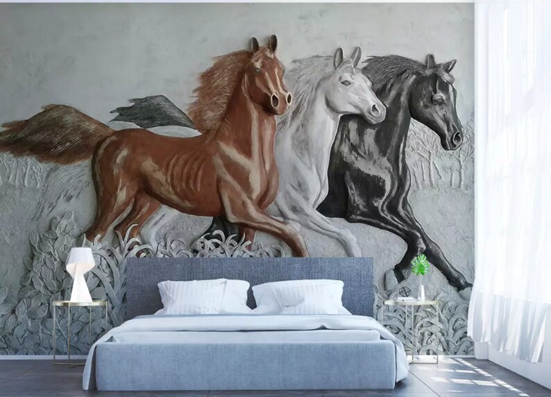 3D Embossed Cement Wallpaper Sculpture Horse Wall Mural Minimalist Home Decor Living Room