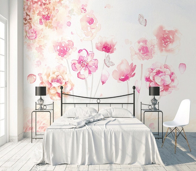 Floral Wallpaper Pink Flower Wall Mural Romantic Blossom Wall Print Classical Home Decor Cafe Design Living Room