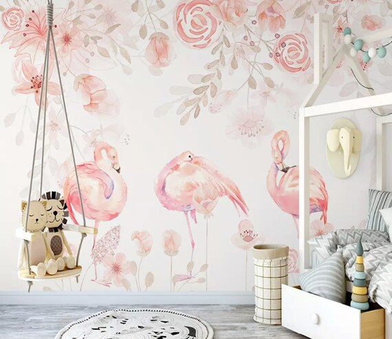 Flamingo Wallpaper Floral Wall Mural Pink Rose Garden Wall Art Horizontal Home Decor Cafe Design Living Room