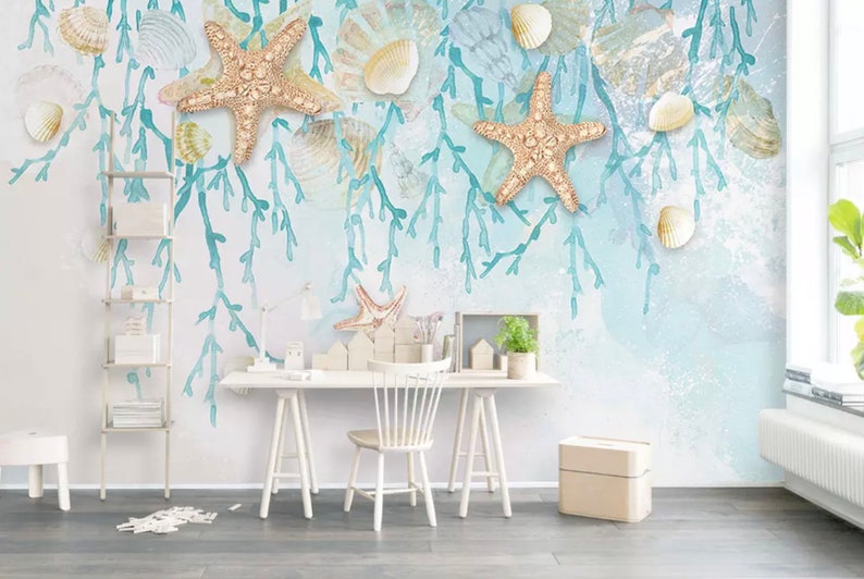 Sea Wallpaper Undersea Wall Mural Starfish Wall Art Modern Cafe Decor Ocean Deep Sea Seashell Murals Living Room Bedroom