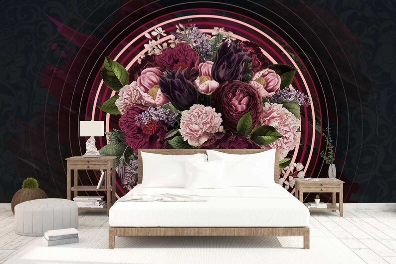 Dark Floral Wallpaper Circle Flower Wall Mural Peony Blossom Wall Print British Home Decor Cafe Design Living Room
