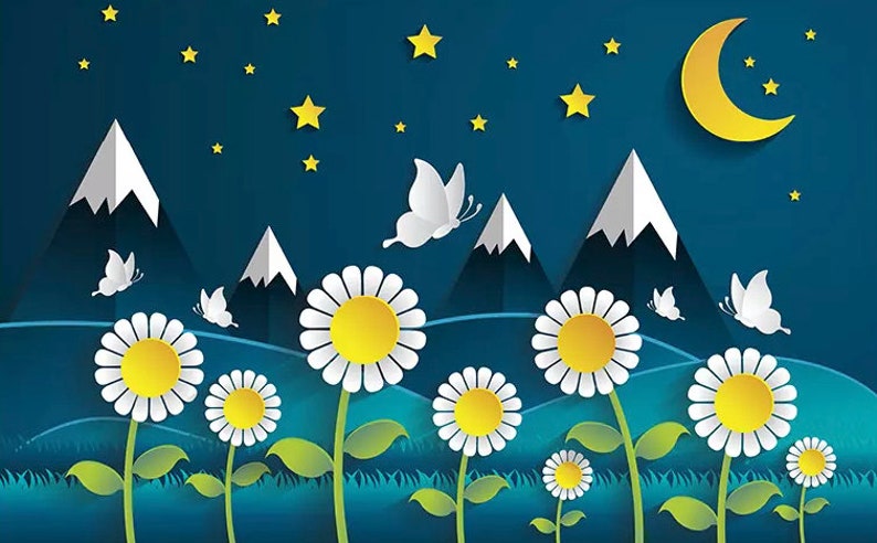 Kids Wallpaper Cartoon Nightscape Wall Mural For Child Daisy Wall Art Children Rooms Girls Boys Bedroom Nursery
