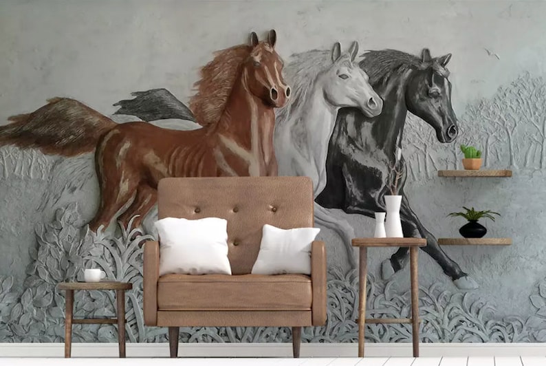 3D Embossed Cement Wallpaper Sculpture Horse Wall Mural Minimalist Home Decor Living Room