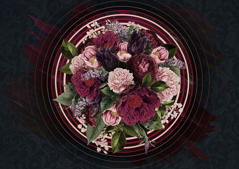 Dark Floral Wallpaper Circle Flower Wall Mural Peony Blossom Wall Print British Home Decor Cafe Design Living Room