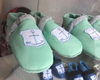 Lederpuschen „Anker“, mint, maritim, Hausschuhe, Babyschuhe, Lauflernschuhe, Kitaschuhe