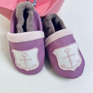 Leather slippers in erikalila with anchor embroidery appliqué, eco-leather crawling shoes for babies and toddlers, ideal as first walker shoes