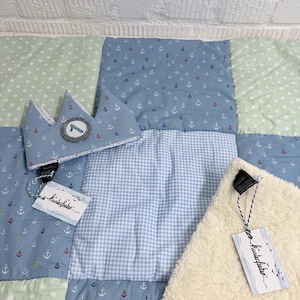 Krabbeldecke Baby Anker Blau – weiche Babydecke Baumwolle mit Teddy-Unterseite, Patchwork Spieldecke handgemacht Hamburg
