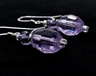 Purple Crystals Earrings with Leafy Bead Caps