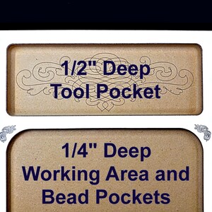 Close-up of the elegant laser-engraved scrollwork in the 1/2" deep tool pocket on the Acclaim Crafts Seed Beaders Dream Board.