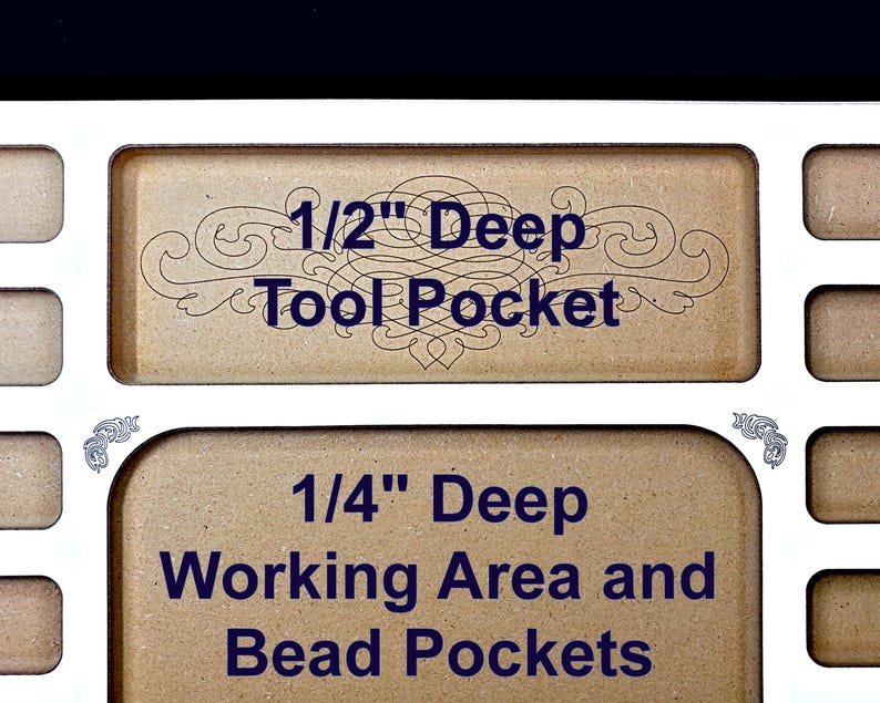Close-up of the elegant laser-engraved scrollwork in the 1/2" deep tool pocket on the Acclaim Crafts Seed Beaders Dream Board.