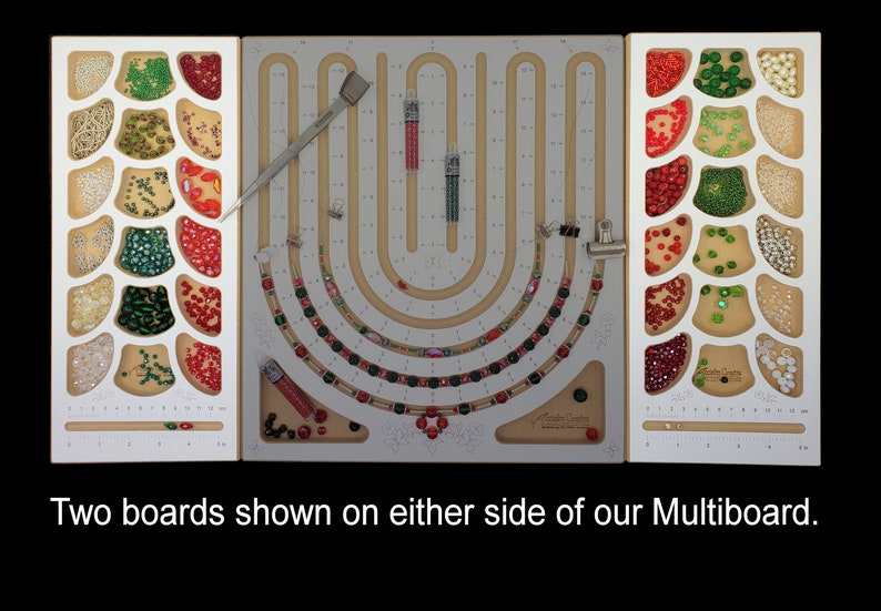 Two Bead Stringers Pocket Boards on either side of the Acclaim Crafts Multiboard, for a complete jewelry design workstation.