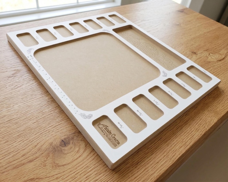 Perspective pic of the Acclaim Crafts Seed Beaders Dream Board shows the smooth surface, graphics, and layout of the pockets.