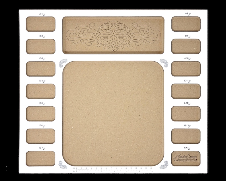 High-resolution overhead shot of the Acclaim Crafts Seed Beaders Dream Board's 14 seed bead pockets, with work and tool areas.