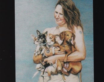 Girl with Chihuahuas & Dachshund Canine Rescues Dog Art Postcard
