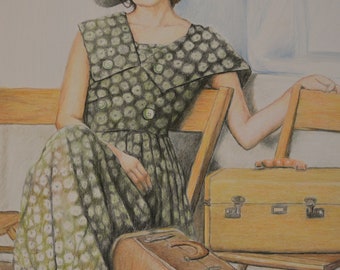 Woman 50&#39;s Style Sitting Luggage Original Colored Pencil Drawing 12x16 Inch Framed to 16x20