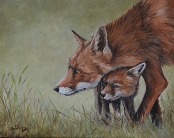 Red Fox and Baby Cub Original Art on Canvas Oil Painting Framed Signed 11x14 inches