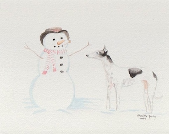 Greyhound and Snowman Dog Art Original Watertcolor Painting Matted Framed 11x14