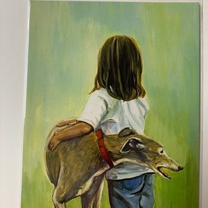 Greyhound & Friend Girl Canine Sighthound Dog Art Riproduzione Cartolina