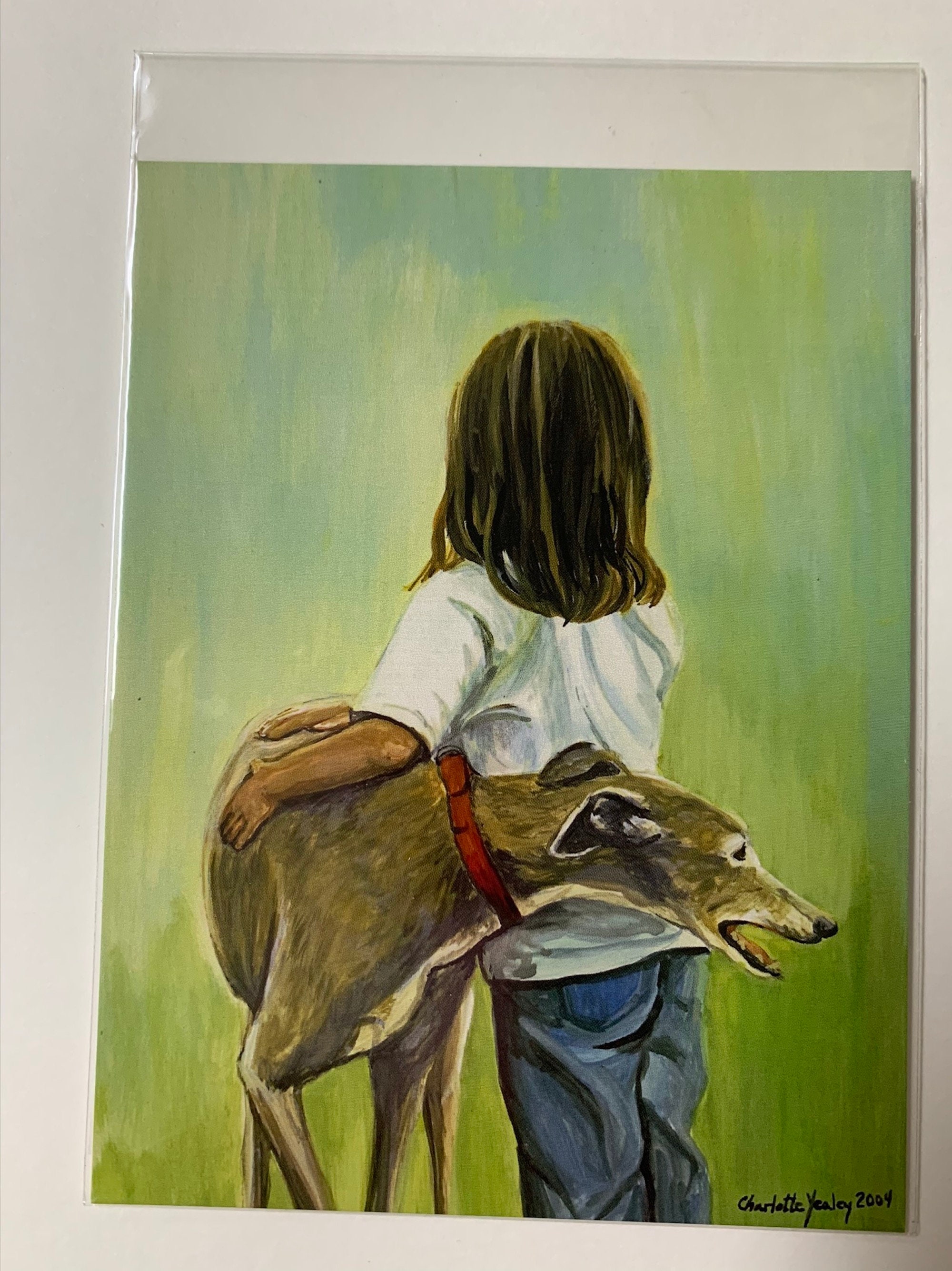 Greyhound & Friend Girl Canine Sighthound Dog Art Reproduction Postcard