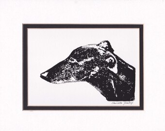 Black Greyhound Profile Sighthound Original Dog Art Lino Block Print Matted Signed 4x6