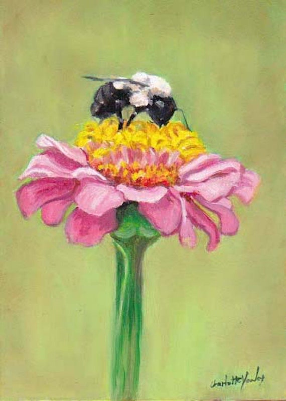 オリジナルジニア油絵：マルハナバチの花のボタニカルアート、5x7 